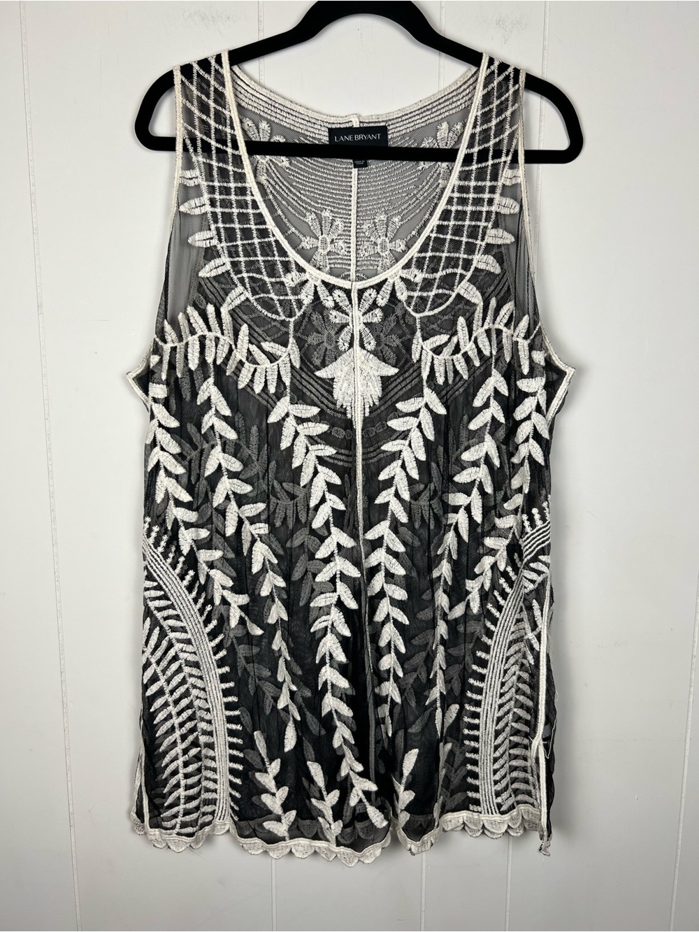 Boho Black Mesh Tank Blouse with White Leaf Embroidery Whimsigoth Size 18/20